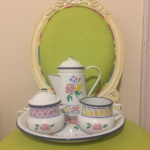 Giverny Enameled Metal Hostess Set, Cottage Chic Vintage Kitchen, Monet Impressi - Picture 2 of 10